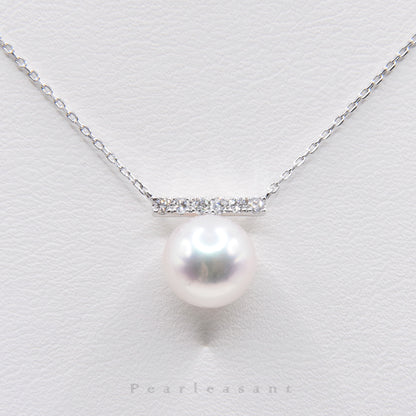 Hanadama Grade 8.0-8.5mm White Akoya Pearl Diamond Bar Pendant with Certificate