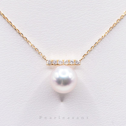 Hanadama Grade 8.0-8.5mm White Akoya Pearl Diamond Bar Pendant with Certificate