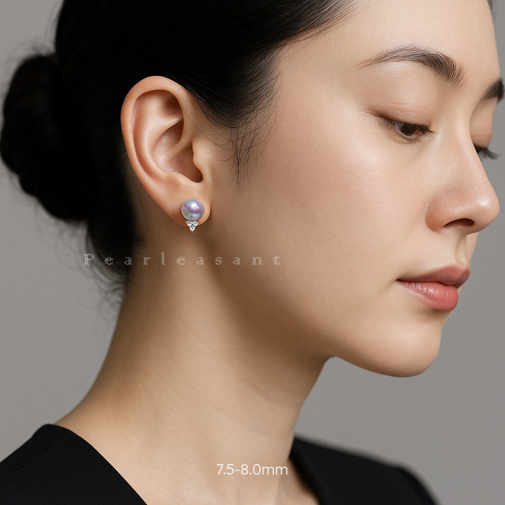 Sale Final - 5-star Grade Madama Blue Rose Color 7.5-8.0mm Akoya Pearl Trio Diamond Earrings