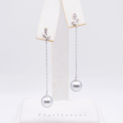 Sale Final - Madama Color 5-star Grade 7.5-8.0mm Silver Akoya Pearl Leaf Thread Earrings with Certificate