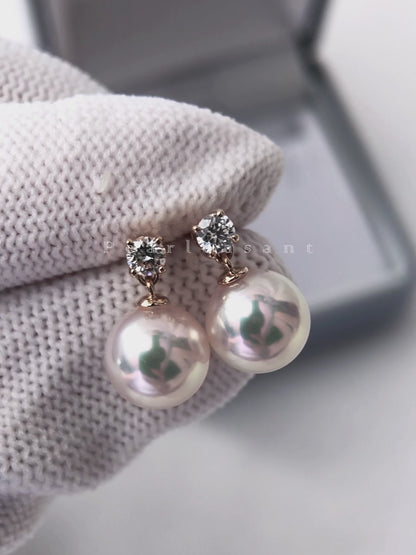 Hanadama Grade 8.0-8.5mm White Akoya Pearl Princess Droplet Earrings with Certificate