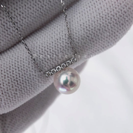 Sale Final - Hanadama Grade 7.5-8.0mm White Akoya Pearl Diamond Bar Pendant