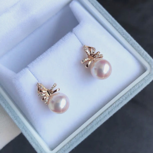 Sale Final - Hanadama Grade 7.0-7.5mm White Akoya Pearl Bowtie Earrings with Certificate