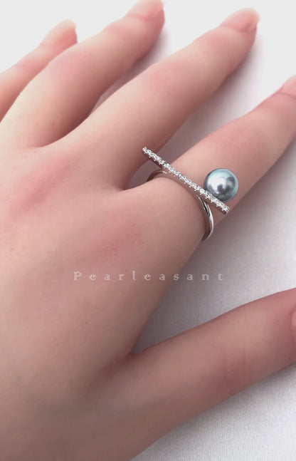 Sale Final - Modern 7.5-8.0mm Blue Akoya Pearl Asymmetric Balance Silver Ring