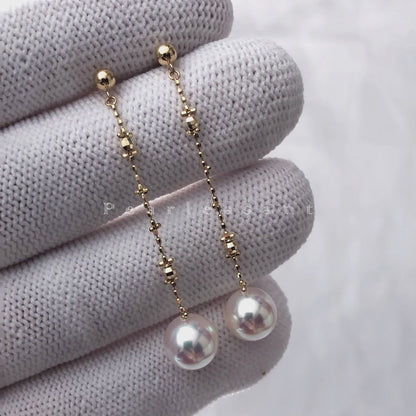 Hanadama Grade 7.5-8.0mm White Akoya Pearl Cross Chain Thread Earrings with Certificate