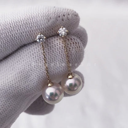 Hanadama Grade 8.0-8.5mm White Akoya Pearl Starlit Thread Earrings with Certificate