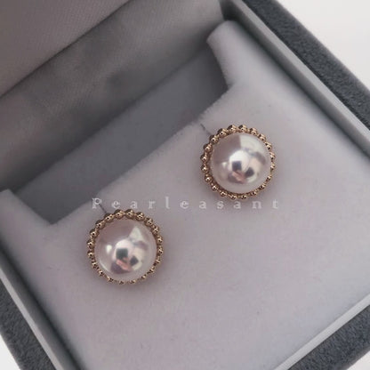 Hanadama Grade 8.0-8.5mm White Akoya Pearl Gold Sunflower Earrings with Certificate