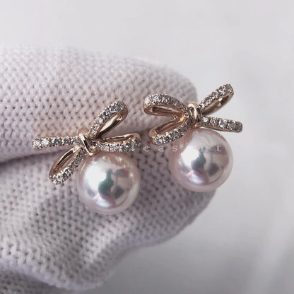Hanadama Grade 7.0-8.0mm White Akoya Pearl Celestia Twin Bowtie Earrings with Certificate