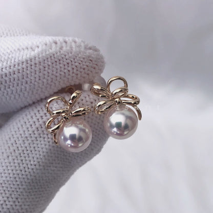 Hanadama Grade Lovely 7.0-7.5mm White Akoya Pearl Ribbon Earrings with Certificate