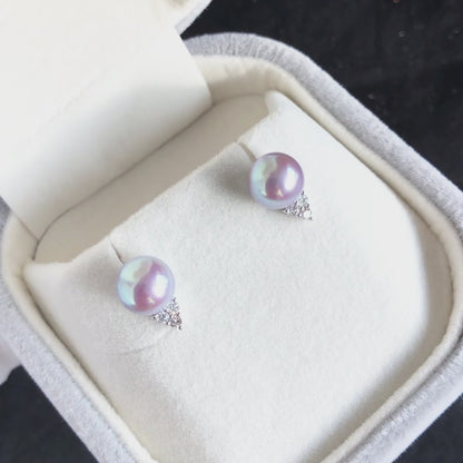 Sale Final - 5-star Grade Madama Blue Rose Color 7.5-8.0mm Akoya Pearl Trio Diamond Earrings