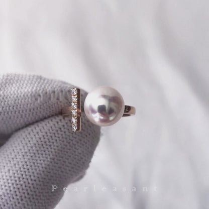 Sale Final - Super Lustrous 8.5-9.0mm White Akoya Pearl Diamond Bar Ring