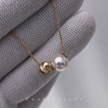 Sale Final - Hanadama Luster 8.0-8.5mm Natural White Akoya Pearl Gold Ball Floating Pendant