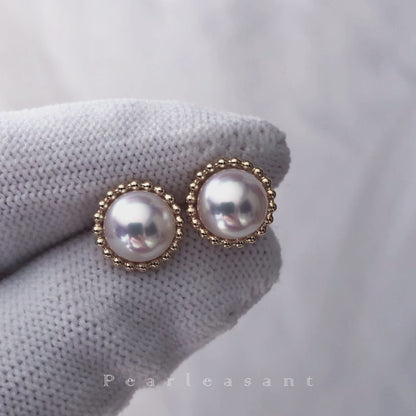 Hanadama Grade 7.5-8.0mm White Akoya Pearl Gold Sunflower Earrings with Certificate