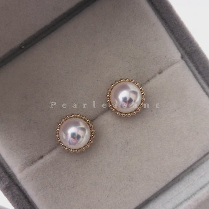 Hanadama Grade 8.0-8.5mm Natural White Akoya Pearl Gold Sunflower Earrings with Certificate