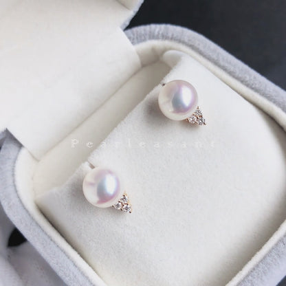 Sale Final - Hanadama Grade 8.0-8.5mm Natural White Akoya Pearl Trio Diamond Earrings with Certificate