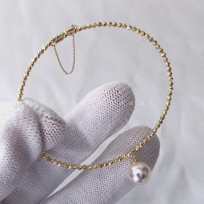 Hanadama Grade 8.0-8.5mm White Akoya Pearl Golden Bead Bangle with Certificate