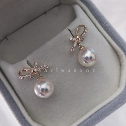 Hanadama Grade 8.0-8.5mm White Akoya Pearl Charming Bowtie Earrings with Certificate