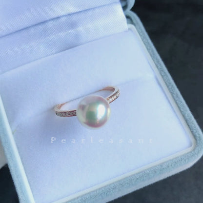Sale Final - Super Lustrous 8.5-9.0mm White Akoya Pearl Éclat Diamond Ring