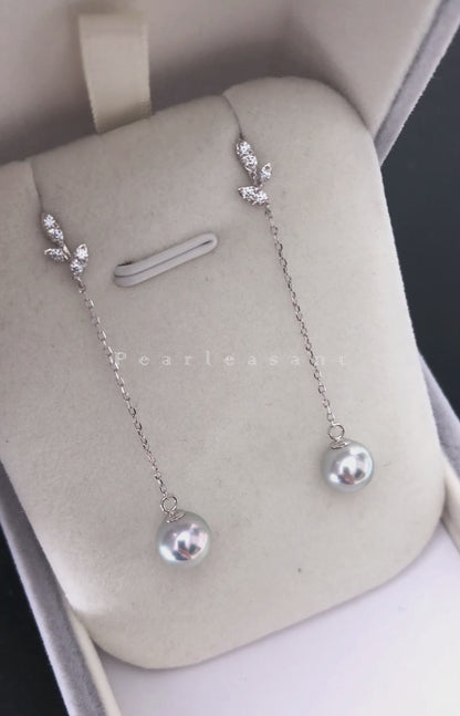 Sale Final - Madama Color 5-star Grade 7.5-8.0mm Silver Akoya Pearl Leaf Thread Earrings with Certificate